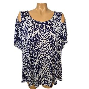 Crosby Women's Cold Shoulder Tunic Top XLarge Navy Blue White Animal Print Rayon